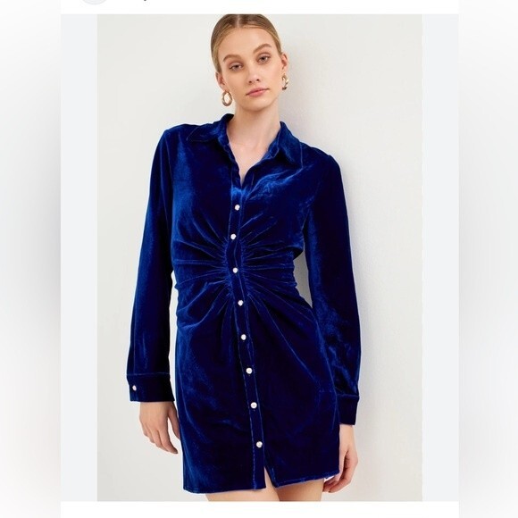 Urban Outfitters Uo Nellie Ruched Velvet Shirt Dress in Blue XS NWT - Picture 11 of 13